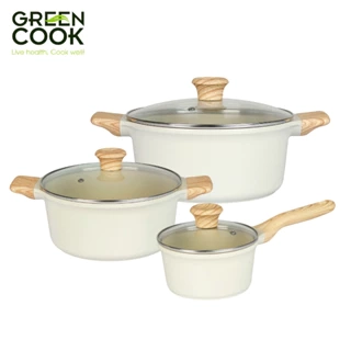 Bộ 3 nồi đúc men gốm trắng IVORY chống dính PFOA free đáy từ Green Cook GCS233-16,20,24cm