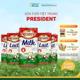 Combo 5 Hộp Sữa Tươi Tiệt Trùng President Nguyên Kem 1L Không Đường- Độ Béo 3.6% nhập khẩu P