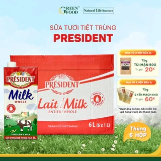 Thùng 6 Hộp Sữa Tươi Tiệt Trùng President Nguyên Kem 1L - Độ Béo 3.6%, Không Đường,nhập khẩu từ Pháp