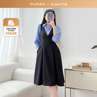 Đầm nữ form A xòe kiểu tay dài phối sọc xanh vải cotton mềm mát có túi thời trang GUMAC LDF0304