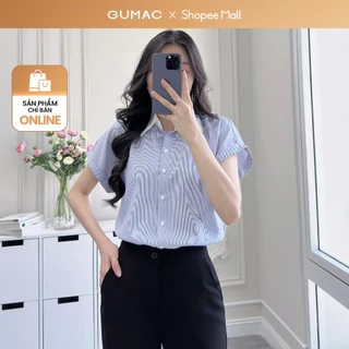 Áo sơ mi nữ sọc xanh vải cotton mềm mịn thoáng khí tay liền cổ phối thời trang GUMAC LAF0322