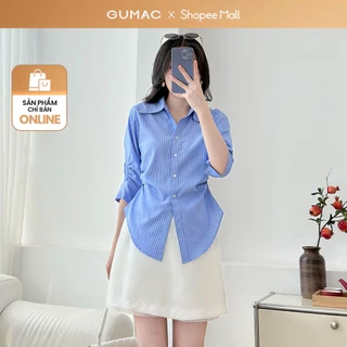 Áo sơ mi nữ tay lửng có nhún chiết ly eo xanh sọc vải kate đứng form thời trang GUMAC AF01024