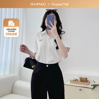 Áo sơ mi nữ trắng sọc có hình thêu kiểu gấp lai tay lá cổ nhọn vải kate mềm thời trang GUMAC LAF0520