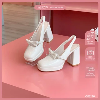 Giày cao gót nữ HÀ HUYỀN retro bóng nơ ngang gót vuông 9cm - CG2136