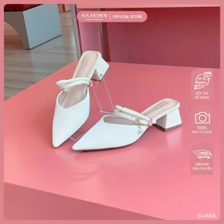 Sục nữ HÀ HUYỀN da lì cut V 2 quai ngang cổ rút khóa ngọc gót vuông 5cm - SU466