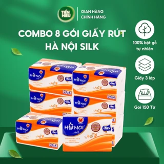 Combo 8 Gói Giấy Ăn Rút Hà Nội Silk Làm Từ 100% Gỗ Tự Nhiên Mềm Mại Bền Dai An Toàn 150 Tờ x 3 Lớp