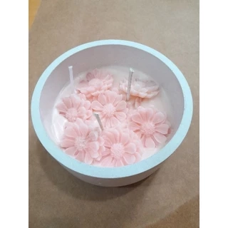 Cốc xi măng thạch cao đựng Nến Sáp Ong Không Mùi hoa cúc họa mi hồng pastel dùng cúng dường, sinh nhật, decor nhà cửa