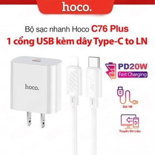 Bộ sạc nhanh Hoco C76 Plus kèm cáp Typec to IP PD20W 3.0A dùng cho 10/11/12/13pro/14promax dài 1m, chân dẹt