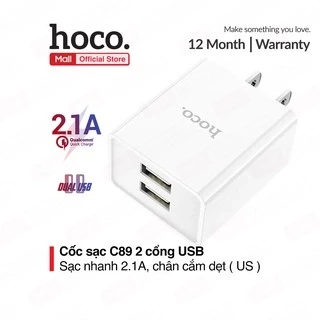 Củ sạc Hoco C89 2 cổng USB, sạc nhanh 2.1A Max, thích hợp với nhiều dòng điện thoại, chân cắm tiêu chuẩn US
