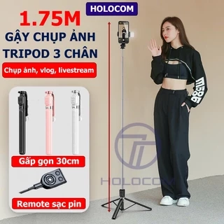 Gậy chụp ảnh 3 chân selfie 1M75 kiêm tripod điện thoại quay video livestream có điều khiển từ xa - HOLOCOM