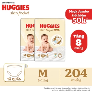Combo 2 Tã quần Huggies Skin Perfect Mega Jumbo M98+4/ L88+4/XL72+4/XXL64+4 với 2 vùng thấm giảm kích ứng da