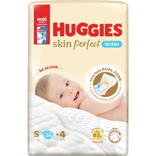 Tã/bỉm dán sơ sinh Huggies Skin PerfectNB 70+6 miếng với 2 vùng thấm giảm kích ứng da
