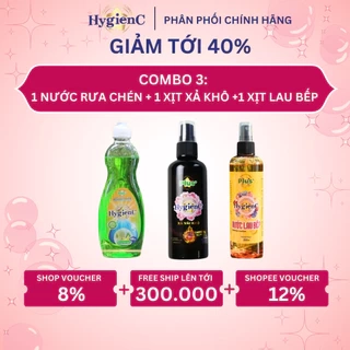 Combo 3: 1 Chai Xịt Vải Khô 100ml + 1 Chai Nước Rửa Chén 400ml + 1 Chai Xịt Lau Bếp 250ml HygienC Plus