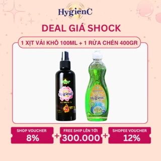 Combo 2: 1 Chai Xịt Xả Vải Khô 100ml + 1 Chai Nước Rửa Chén 400gr - HygienC Plus