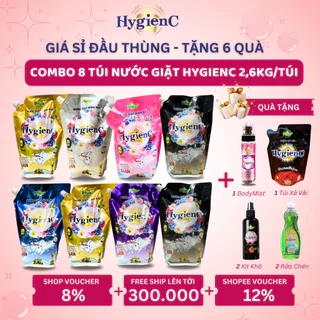 Thùng 8 Túi Nước Giặt Đậm Đặc HygienC Plus 2.6Kg/ Túi Hương Nước Hoa - Hàng Chính Hãng