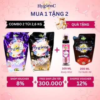Combo 2 Túi Nước Giặt Xả HygienC Plus 2.6Kg/Túi Đậm Đặc Hương Nước Hoa Làm Sạch Vết Bẩn