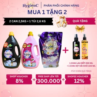 Combo 3: 2 Can Nước Giặt Xả 2,5kg + 1 Túi Nước Giặt Xả 2,6kg HygienC Plus Đậm Đặc Hương Nước Hoa