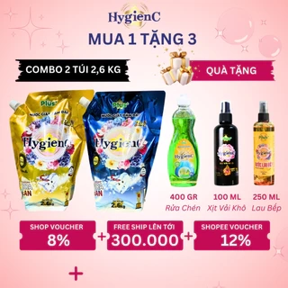 Combo 2 Túi Nước Giặt Xả Đậm Đặc HygienC Plus 2.6Kg/Túi Hương Nước Hoa - Hàng Chính Hãng