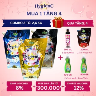 Combo 3 Túi Nước Giặt Xả HygienC Plus 2.6Kg/ Túi Hương Nước Hoa Làm Sạch Vết Bẩn Lưu Hương Bền Lâu