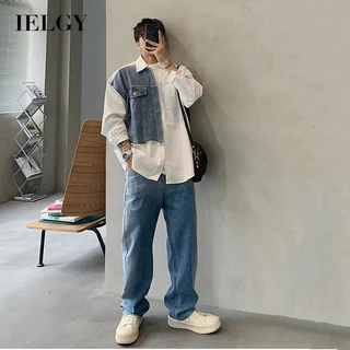 Áo khoác denim khâu màu tương phản dáng rộng phong cách retro dành cho nam IELGY