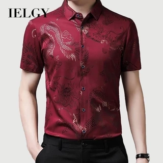 Áo sơ mi ngắn tay họa tiết rồng thông thường thoáng khí dành cho nam IELGY