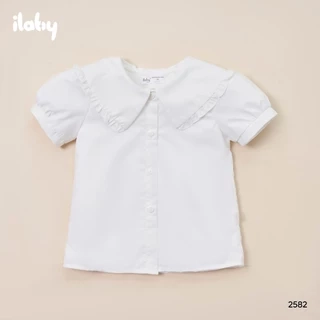 Áo sơ mi bé gái ILABY chất cotton thô áo sơ mi trắng basic bé đi học cổ kiểu phối bèo nhỏ [2582]