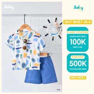 Bộ đồ bé trai ILABY sơ mi tay ngắn họa tiết kèm quần short cotton mềm mát thoáng khí dễ thương mùa hè [3143]