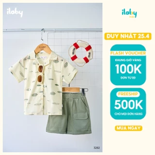 Bộ đồ bé traiILABY  sơ mi ngắn tay họa tiết cá chất liệu cotton thoáng mát kèm quần short túi hộp [3282]
