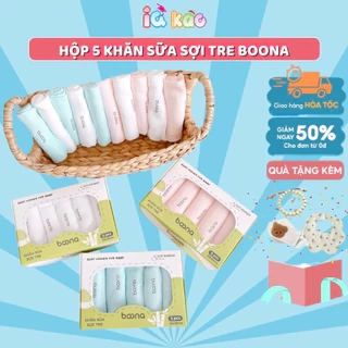 Hộp 5 Khăn Sữa Cao Cấp BOONA S5B1 – Vải Sợi Tre Mềm Mịn, Không Xù Lông, Kháng Khuẩn, Thấm Hút Tốt, Size 30x30cm IQKAO