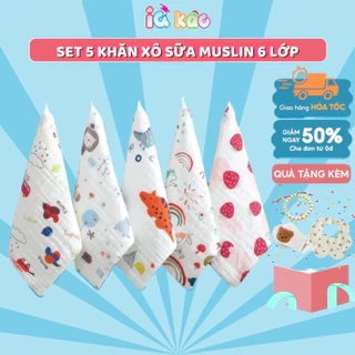Set 5 Khăn Sữa Khăn Mặt IQKAO Manny Muslin 6 Lớp, Vải Xô Mềm Mại, Thấm Hút Tốt - An Toàn Cho Bé - Đa Năng Sử Dụng S5M2