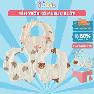 Yếm Cổ Tròn Muslin IQKAO Vải Xô 100% Cotton, Thấm Hút Tốt, Thoáng Mát, Có Nút Điều Chỉnh Tiện Lợi Cho Bé