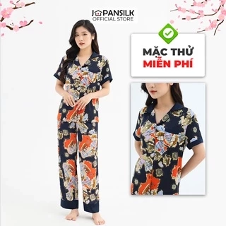 Đồ Bộ Nữ Lụa Satin Pijama Cao Cấp JAPAN SILK Tay Ngắn Quần Dài Họa Tiết Bản Đồ Vintage