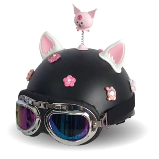 Nón Bảo Hiểm Nửa Đầu gắn Kính Phi Công tai mèo, Charm 3D Dễ Thương kèm phụ Kiện Kuromi Gắn Mũ giá rẻ cho nam và nữ