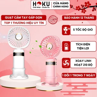 Quạt mini cầm tay tích điện gấp gọn HOKU 5 tốc độ gió xoay linh hoạt 90 độ có dây đeo pin lớn 10.000mAh QMN11