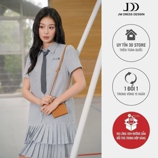 Đầm cổ đức dáng suông xếp ly chân 1S29.2503K, váy sơ mi suông chân xếp ly xòe trẻ trung năng động thiết kế bởi JM Dress