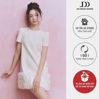 Đầm cổ tròn dáng suông chân phối tơ 1S21.2501K, váy đầm tay bồng dáng suông nữ tính thiết kế bởi JM Dress Design