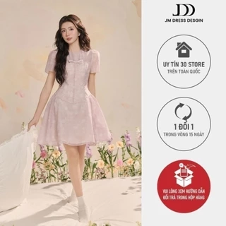 Đầm đè dây nơ ngực, nhún sườn họa tiết 1R07.2503OG, váy tơ mềm chiết eo dáng xòe bồng nữ tính đáng yêu thiết kế bởi JM