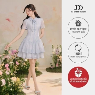 Đầm phối cổ nơ, chân nhún tầng họa tiết 1R09.2503OG, váy đầm cổ sơ mi xòe tầng bồng nữ tính thanh lịch thiết kế bởi JM