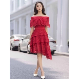 JOVEN Đầm Nữ Naomi Midi 3 Tầng Lai Xéo Bẹt Vai Có Bèo Nhún