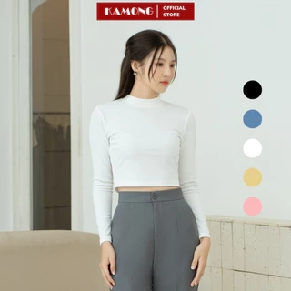 Áo thun nữ croptop tay dài cổ cao KAMONG chất liệu thun tăm A150