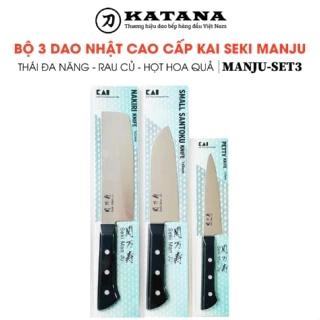 Bộ mới 3 dao nhà bếp Nhật cao cấp KAI India Seki Manju - Petty, Santoku và Nakiri dùng cho gia đình