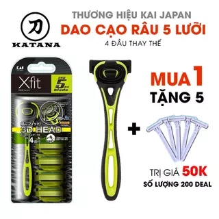 Dao cạo râu cao cấp Nhật Xfit 5 lưỡi màu xanh 4 đầu thay (hộp dài) có gel cạo êm