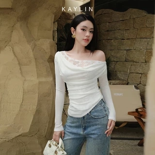 Áo kiểu KAYLIN tay dài lệch vai phối ren chất vải lụa thun mỏng nhẹ phong cách gợi cảm - N2363