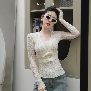 Áo kiểu KAYLIN tay dài phối ren họa tiết hoa mai chất vải thun ren co giản phong cách - N2438