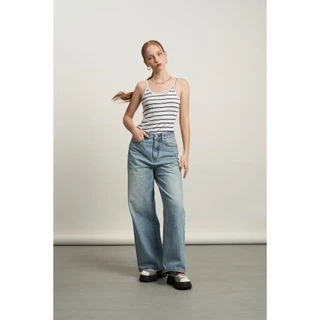 Quần jeans nữ PIERRE ống rộng dáng suông màu xanh wash KHÂU BY CQ