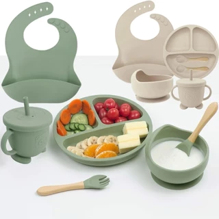 Bộ ăn dặm cho bé Silicon Thực Phẩm,Combo Khay,Bát ,Yếm,Thìa,Cốc ăn dặm cho bé ăn dặm 6 tháng  đến 3T