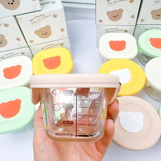 Hũ thủy tinh trữ đông đồ ăn dặm cho bé KidAndMom Bear Mommy có nắp đậy slicon,vạch chia ml tiện lợi chứa tới 240ml