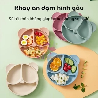 Khay cho bé ăn dặm silicon hình gấu KidAndMom 3 ngăn có đế hút chân không chống trơn trượt