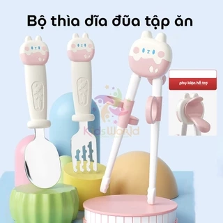 Bộ thìa nĩa đũa tập ăn cho bé KidsWorld hình thỏ đũa tập gắp xỏ ngón chống trượt cho bé ăn dặm