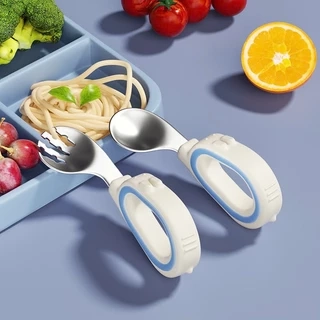 Bộ Thìa nĩa tập ăn cho bé KidsWorld tay cầm silicon mềm, muỗng cong, inox 316, an toàn